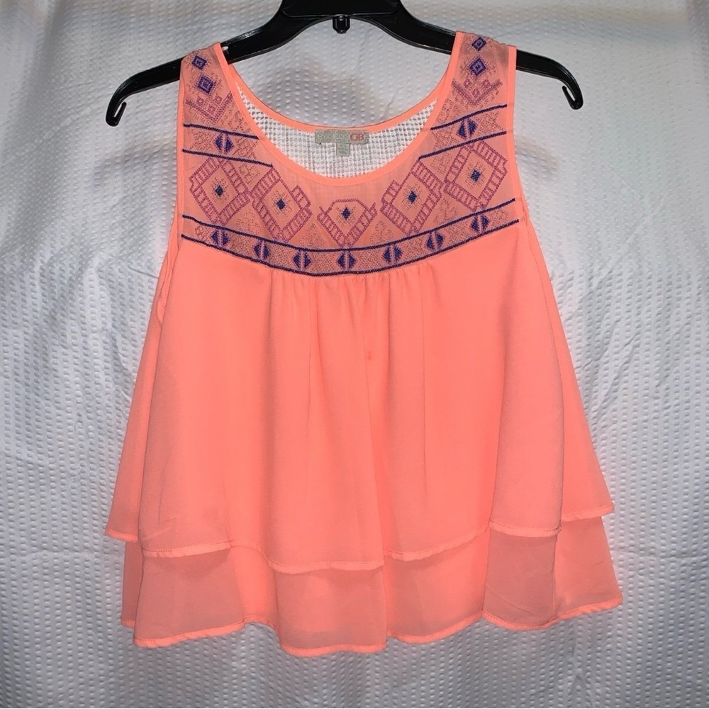 GB Gianni Bini Ruffled Tank Embroidered Detail Peach Coral Pink Orange Size XS